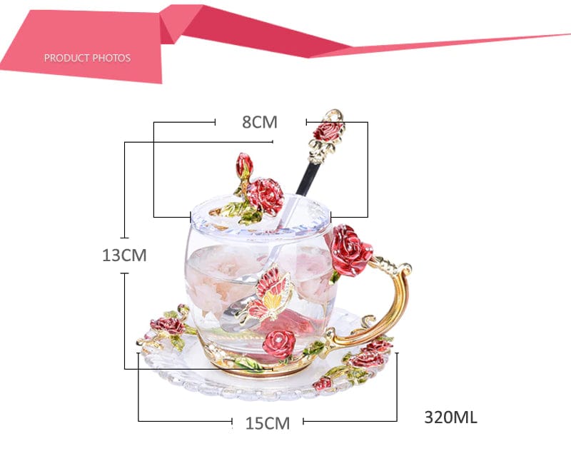 ALDO Kitchen & Dining > Tableware > Drinkware Transparent  Vintage Enamel Glass Coffee Tea Mug Red Roses Heat-Resistant Cup Gift Sets Set with Spoon,Cover and Coaster