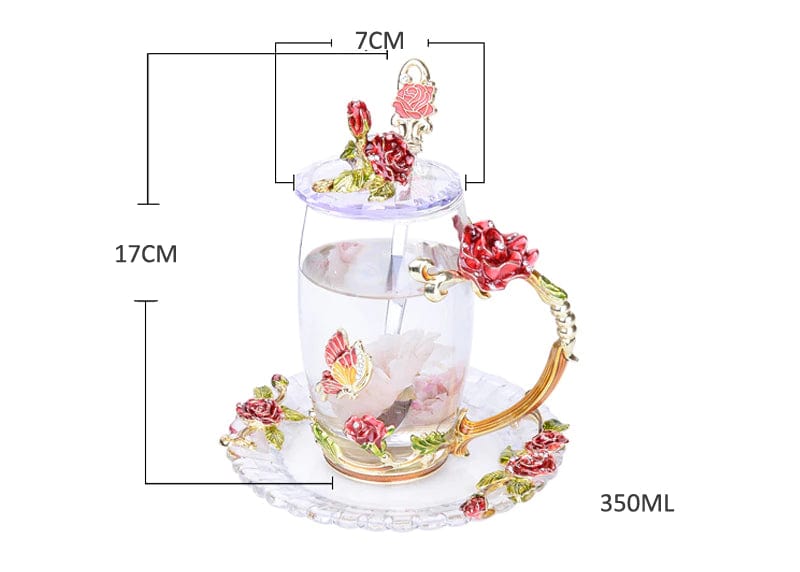 ALDO Kitchen & Dining > Tableware > Drinkware Transparent  Vintage Enamel Glass Coffee Tea Mug Red Roses Heat-Resistant Cup Gift Sets Set with Spoon,Cover and Coaster