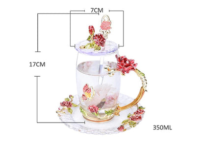 ALDO Kitchen & Dining > Tableware > Drinkware Transparent  Vintage Enamel Glass Coffee Tea Mug Red Roses Heat-Resistant Cup Gift Sets Set with Spoon,Cover and Coaster