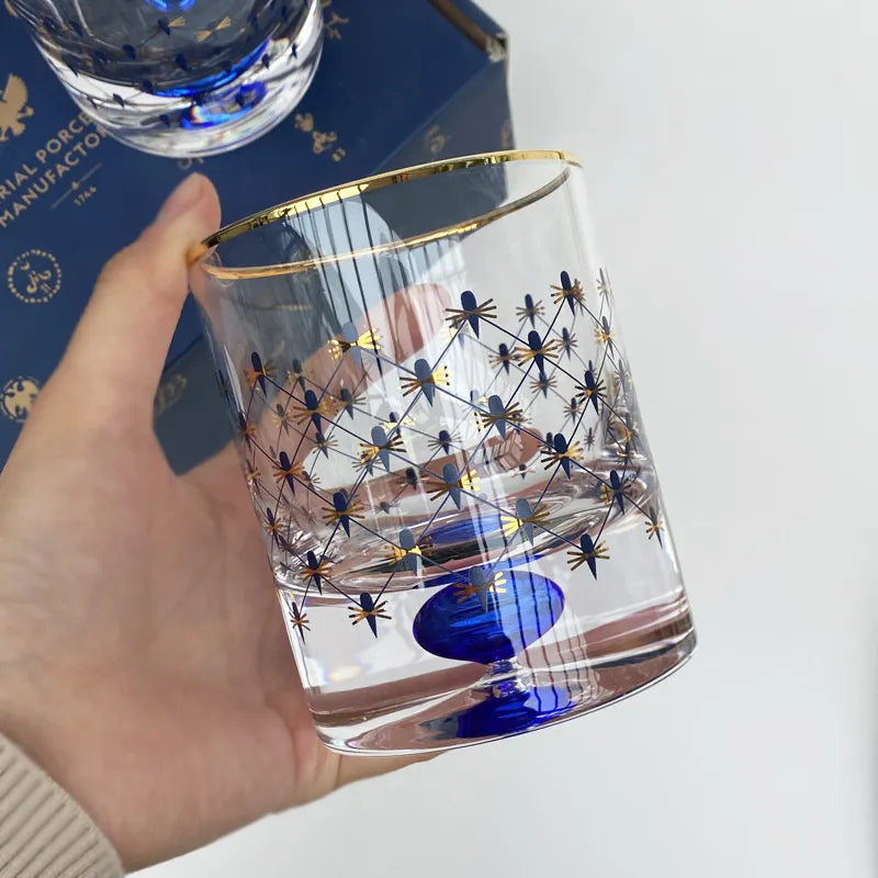 ALDO Kitchen & Dining > Tableware > Drinkware Whiskey Cup Imperial Cobalt Blue Net Crystal Glass Manual Carved Lead Free Crystal with Gold leaf Whiskey Coctail Glass