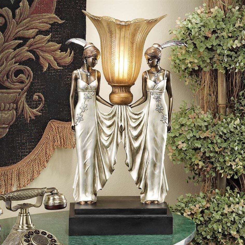 ALDO Lighting > Lamps Art Deco Peacock Maidens Tabletop Lamp Statue By Artist Erte