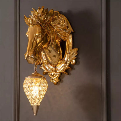 ALDO Lighting > Lighting Fixtures > Ceiling Light Fixtures 22.44 " L x 14.17 " W x 9.84 " H. Lampshade diameter is 6.29 inch. / Gold / resin and grlass European Retro Sculptural Golden Horse Head Lamp Sconce Light, Indoor  Fixture