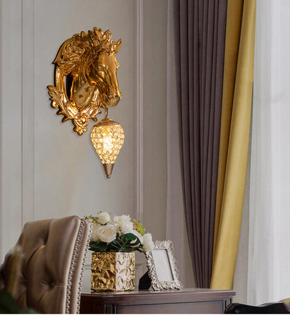 ALDO Lighting > Lighting Fixtures > Ceiling Light Fixtures 22.44 " L x 14.17 " W x 9.84 " H. Lampshade diameter is 6.29 inch. / Gold / resin and grlass European Retro Sculptural Golden Horse Head Lamp Sconce Light, Indoor  Fixture