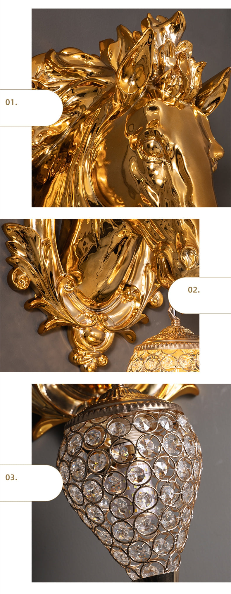 ALDO Lighting > Lighting Fixtures > Ceiling Light Fixtures 22.44 " L x 14.17 " W x 9.84 " H. Lampshade diameter is 6.29 inch. / Gold / resin and grlass European Retro Sculptural Golden Horse Head Lamp Sconce Light, Indoor  Fixture