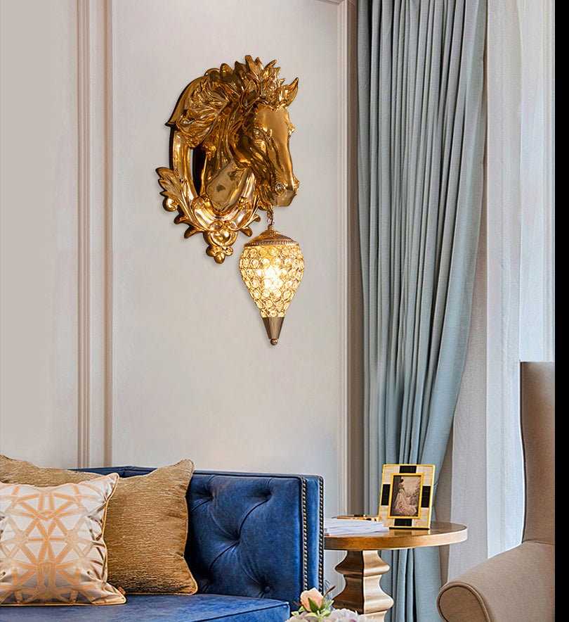 ALDO Lighting > Lighting Fixtures > Ceiling Light Fixtures 22.44 " L x 14.17 " W x 9.84 " H. Lampshade diameter is 6.29 inch. / Gold / resin and grlass European Retro Sculptural Golden Horse Head Lamp Sconce Light, Indoor  Fixture