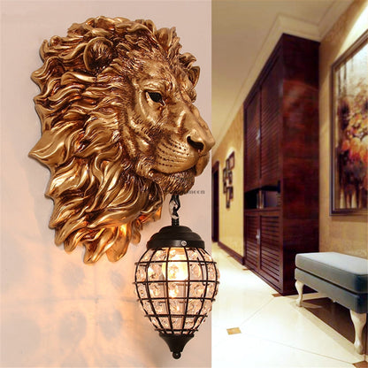 ALDO Lighting > Lighting Fixtures > Ceiling Light Fixtures 22.44 " L x 14.17 " W x 9.84 " H. Lampshade diameter is 6.29 inch. / Gold / resin and grlass European Retro Sculptural Golden  Lion Head Lamp Sconce Light, Indoor  Fixture