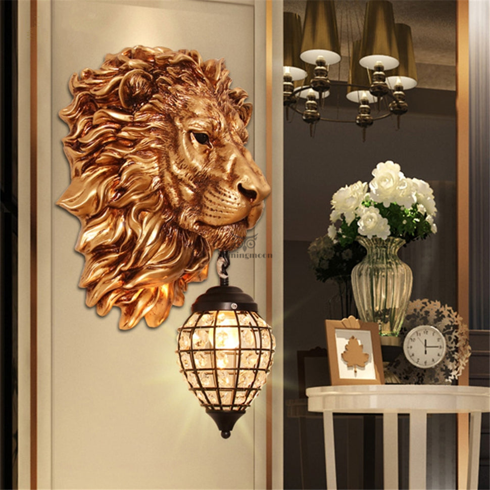 ALDO Lighting > Lighting Fixtures > Ceiling Light Fixtures 22.44 " L x 14.17 " W x 9.84 " H. Lampshade diameter is 6.29 inch. / Gold / resin and grlass European Retro Sculptural Golden  Lion Head Lamp Sconce Light, Indoor  Fixture