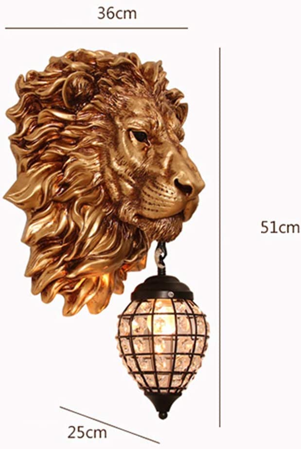 ALDO Lighting > Lighting Fixtures > Ceiling Light Fixtures 22.44 " L x 14.17 " W x 9.84 " H. Lampshade diameter is 6.29 inch. / Gold / resin and grlass European Retro Sculptural Golden  Lion Head Lamp Sconce Light, Indoor  Fixture