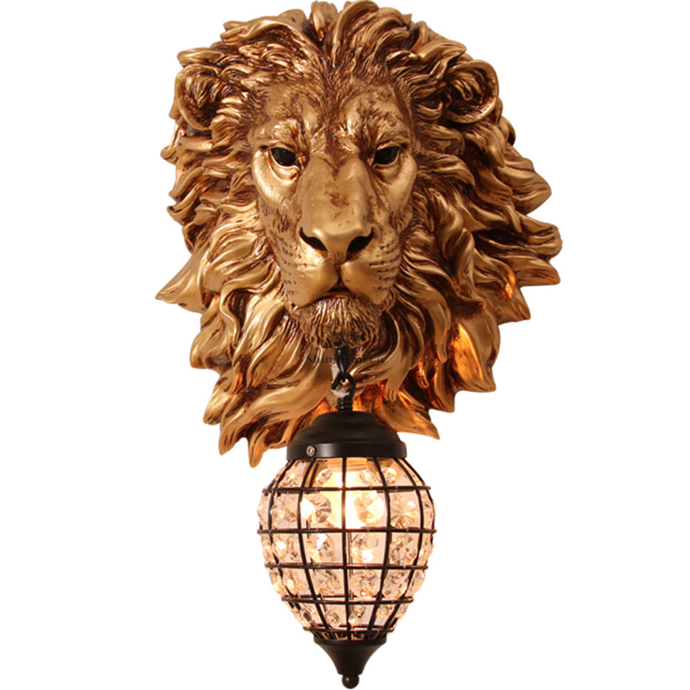 ALDO Lighting > Lighting Fixtures > Ceiling Light Fixtures 22.44 " L x 14.17 " W x 9.84 " H. Lampshade diameter is 6.29 inch. / Gold / resin and grlass European Retro Sculptural Golden  Lion Head Lamp Sconce Light, Indoor  Fixture