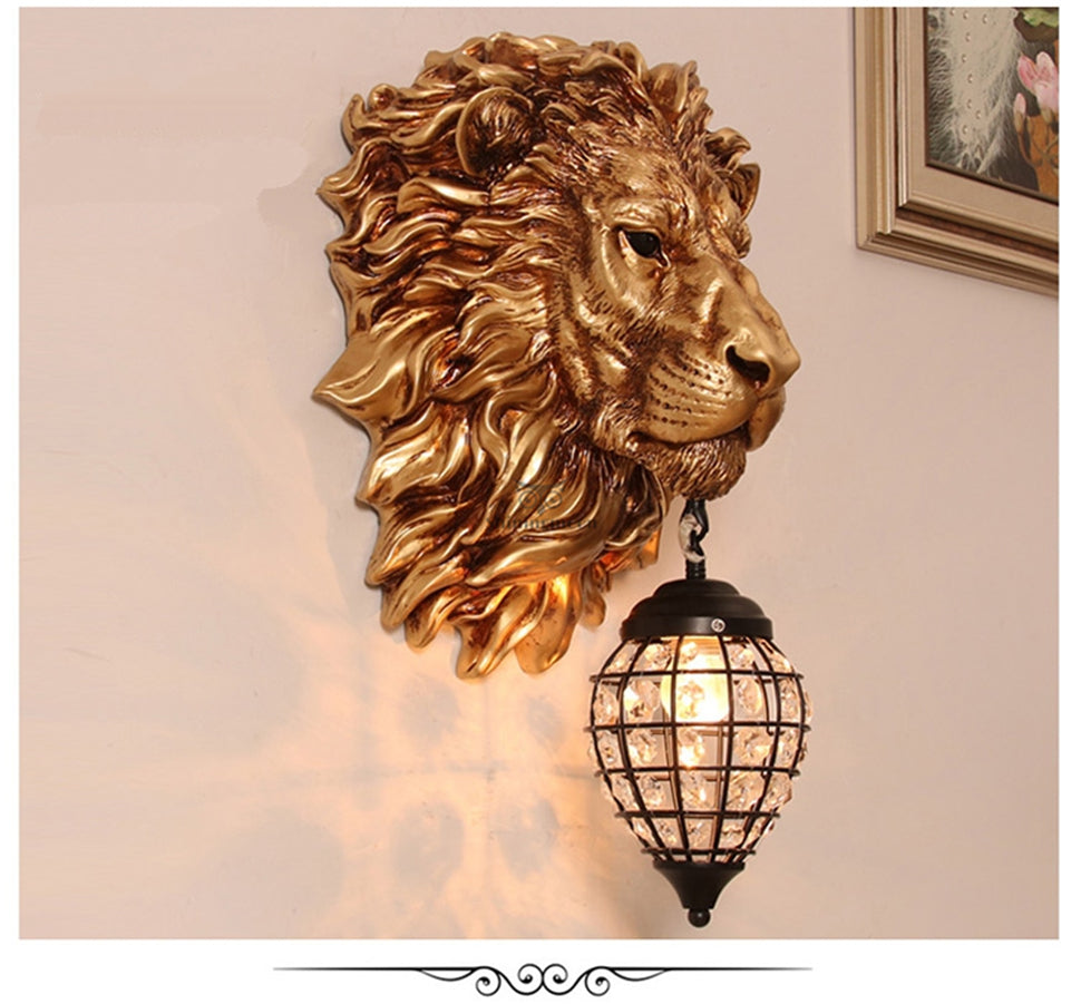 ALDO Lighting > Lighting Fixtures > Ceiling Light Fixtures 22.44 " L x 14.17 " W x 9.84 " H. Lampshade diameter is 6.29 inch. / Gold / resin and grlass European Retro Sculptural Golden  Lion Head Lamp Sconce Light, Indoor  Fixture