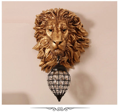 ALDO Lighting > Lighting Fixtures > Ceiling Light Fixtures 22.44 " L x 14.17 " W x 9.84 " H. Lampshade diameter is 6.29 inch. / Gold / resin and grlass European Retro Sculptural Golden  Lion Head Lamp Sconce Light, Indoor  Fixture