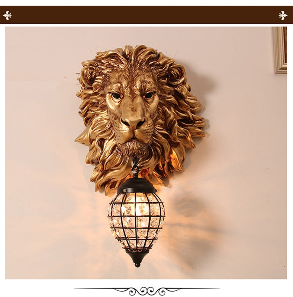 ALDO Lighting > Lighting Fixtures > Ceiling Light Fixtures 22.44 " L x 14.17 " W x 9.84 " H. Lampshade diameter is 6.29 inch. / Gold / resin and grlass European Retro Sculptural Golden  Lion Head Lamp Sconce Light, Indoor  Fixture