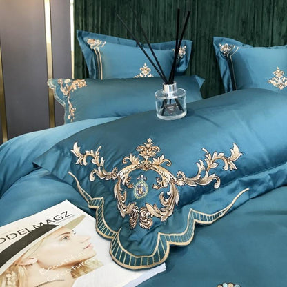 ALDO Linens & Bedding > Bedding > Quilts & Comforters Royal Gold Embroidery Satin Cotton Luxury Blue Soft Smooth Quilt Duvet Cover Bedspread Bedding Set With Pillow Covers