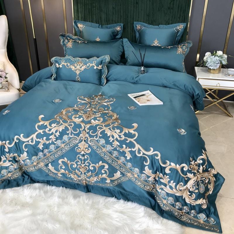 ALDO Linens & Bedding > Bedding > Quilts & Comforters Royal Gold Embroidery Satin Cotton Luxury Blue Soft Smooth Quilt Duvet Cover Bedspread Bedding Set With Pillow Covers