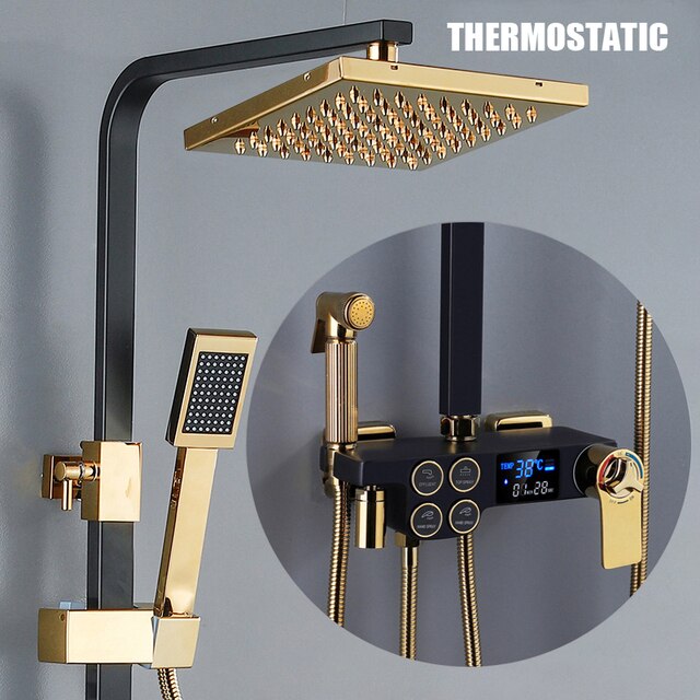 ALDO Plumbing > Plumbing Fixture Hardware & Parts > Shower Parts > Shower Heads Digital Bathroom Shower System with LED and Smart Thermostat Temperature Display Wall Mount Rainfall Head Faucet