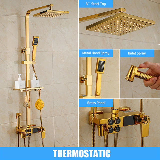 ALDO Plumbing > Plumbing Fixture Hardware & Parts > Shower Parts > Shower Heads Digital Bathroom Shower System with LED and Smart Thermostat Temperature Display Wall Mount Rainfall Head Faucet