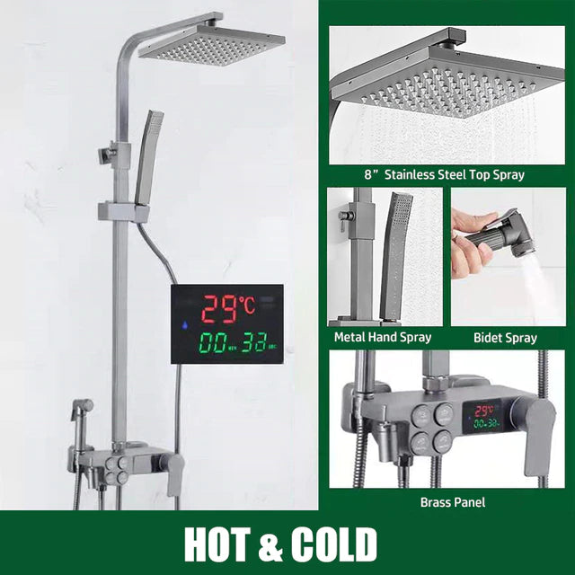 ALDO Plumbing > Plumbing Fixture Hardware & Parts > Shower Parts > Shower Heads Digital Bathroom Shower System with LED and Smart Thermostat Temperature Display Wall Mount Rainfall Head Faucet