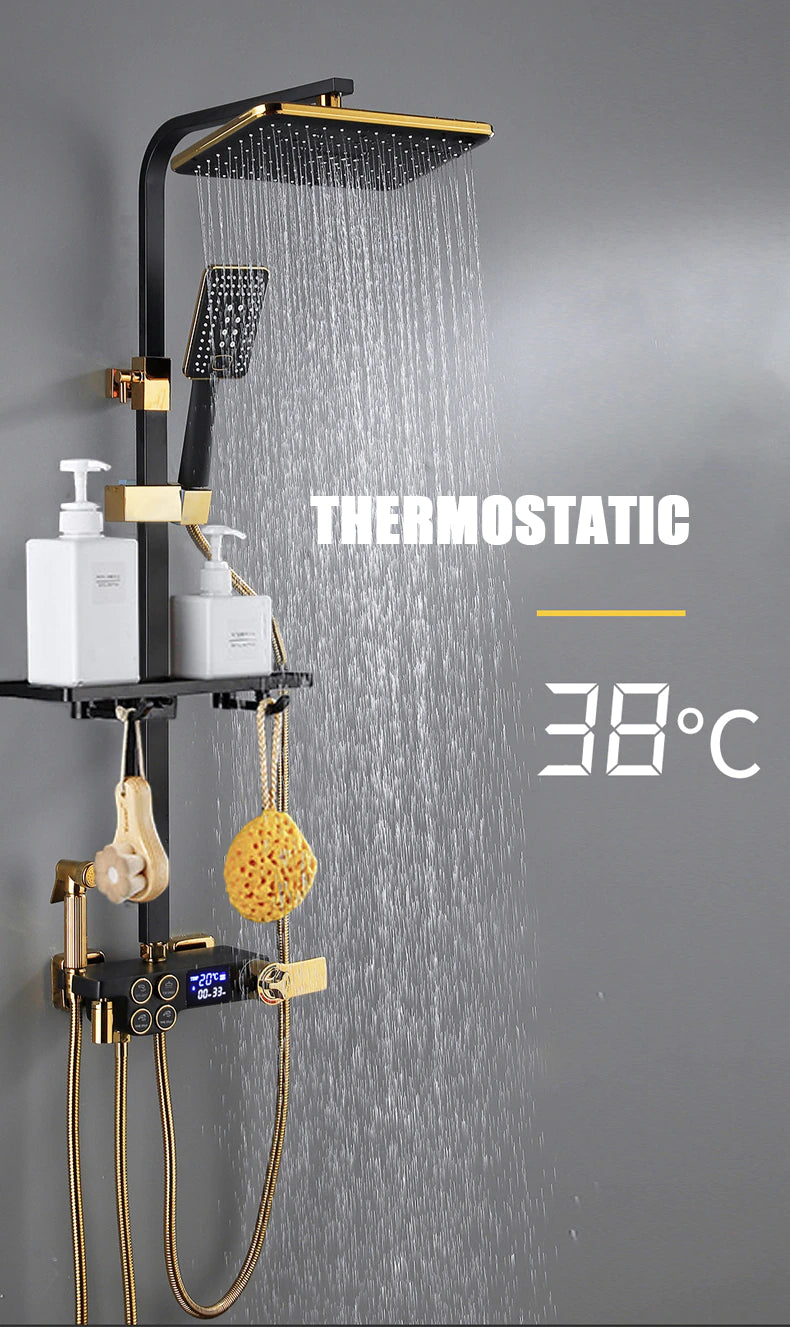 ALDO Plumbing > Plumbing Fixture Hardware & Parts > Shower Parts > Shower Heads Digital Bathroom Shower System with LED and Smart Thermostat Temperature Display Wall Mount Rainfall Head Faucet