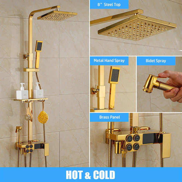 ALDO Plumbing > Plumbing Fixture Hardware & Parts > Shower Parts > Shower Heads Digital Bathroom Shower System with LED and Smart Thermostat Temperature Display Wall Mount Rainfall Head Faucet