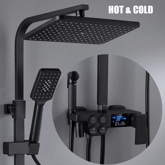 ALDO Plumbing > Plumbing Fixture Hardware & Parts > Shower Parts > Shower Heads Digital Bathroom Shower System with LED and Smart Thermostat Temperature Display Wall Mount Rainfall Head Faucet