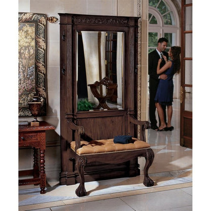 ALDO Tables > Accent Tables 44"Wx21.5"Dx79.5"H / new / wood English Victorian Hand-Carved Solid Mahogany Antique Replica Entryway Hallway Stand With Mirror and Seating Bench Set