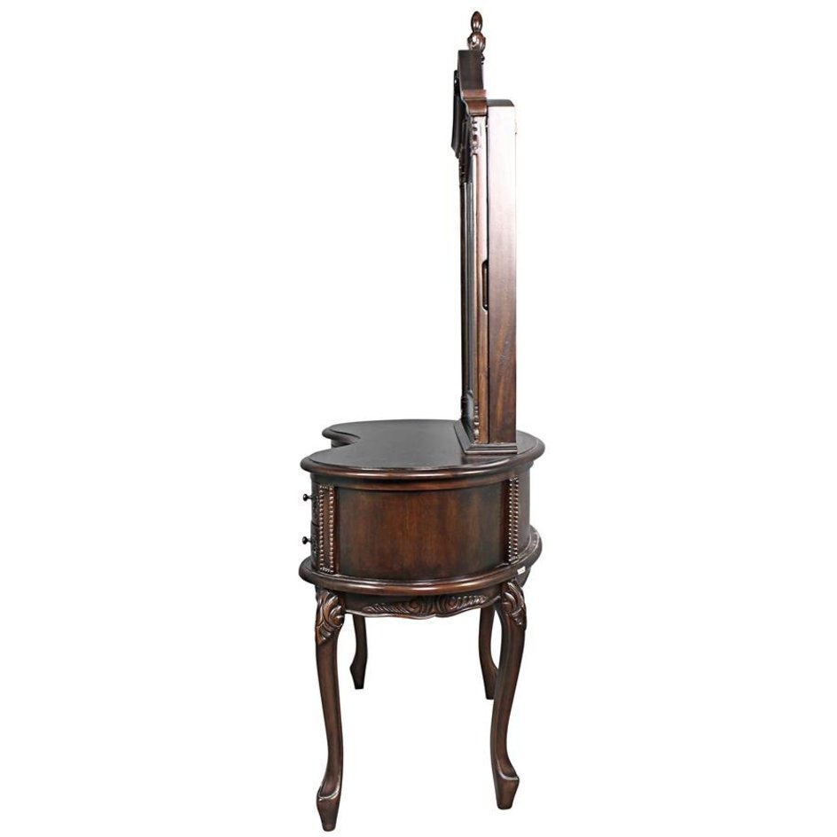 ALDO Tables > Accent Tables French Victorian Hand-Carved Solid Mahogany Antique Replica Bedroom Vanity Brown Dressing Table With Mirror and Jewelry Compartment