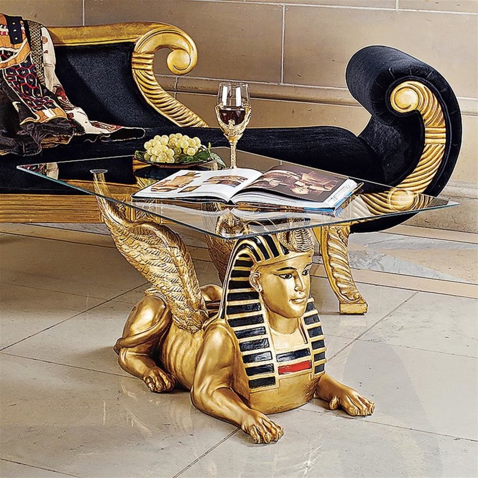 ALDO Tables > Accent Tables Gold / Rasin and Temper Glass Cofee Tea Golden 24 Karat Plate Egyptian Sphinx Glass-Topped Sculptural Table