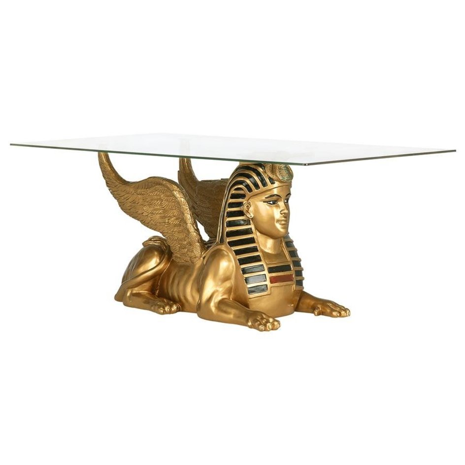 ALDO Tables > Accent Tables Gold / Rasin and Temper Glass Cofee Tea Golden 24 Karat Plate Egyptian Sphinx Glass-Topped Sculptural Table