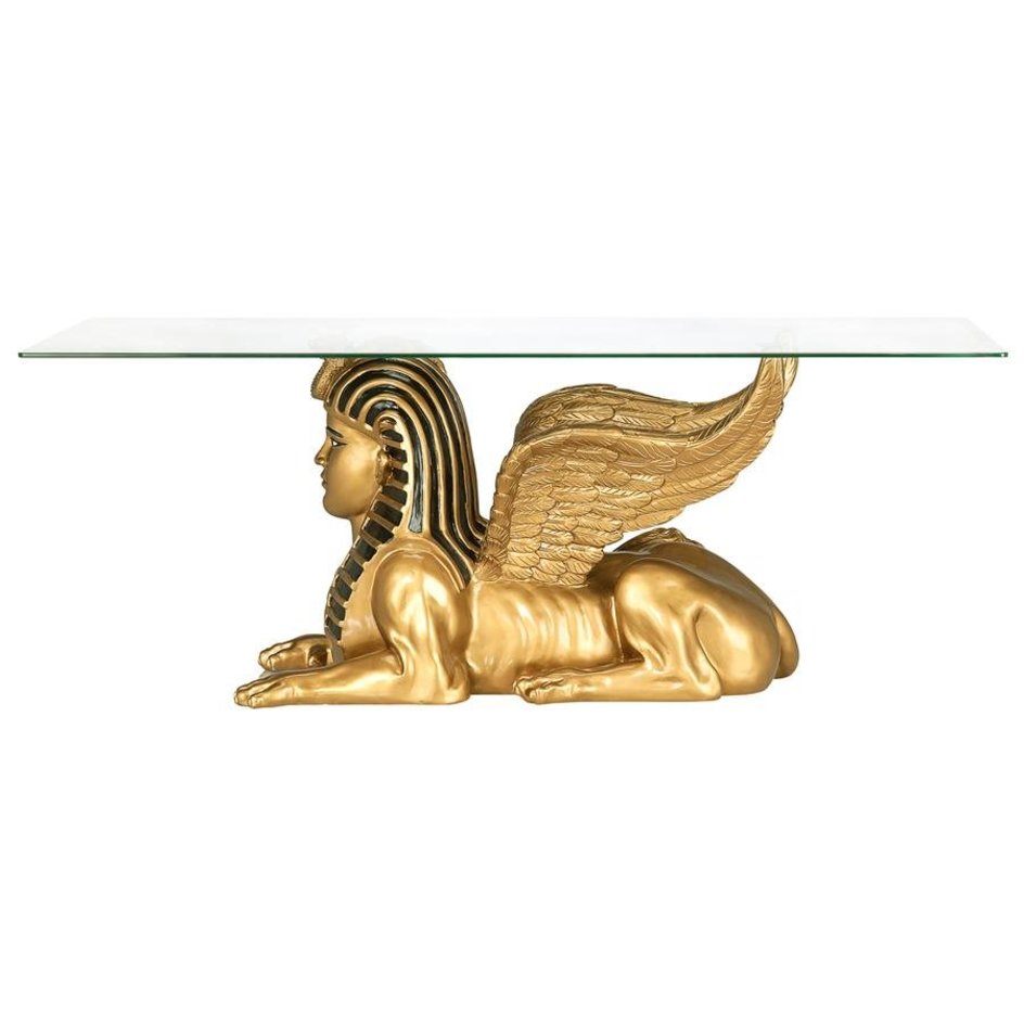 ALDO Tables > Accent Tables Gold / Rasin and Temper Glass Cofee Tea Golden 24 Karat Plate Egyptian Sphinx Glass-Topped Sculptural Table