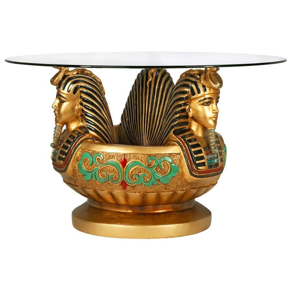 ALDO Tables > Accent Tables Gold / Rasin and Temper Glass Cofee Tea Golden 24 Karat Plated Three Heads of Tutankhamen Sculptural Glass-Topped Table