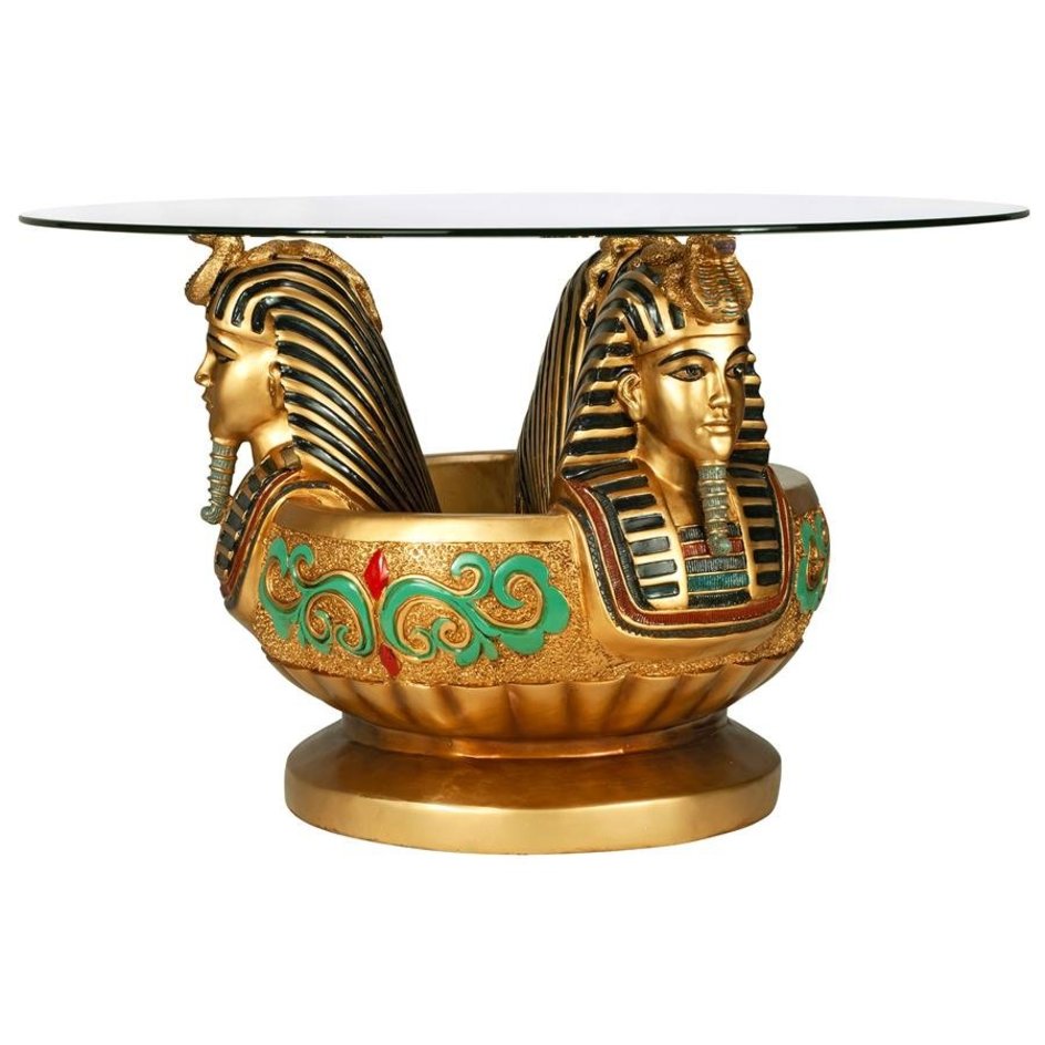 ALDO Tables > Accent Tables Gold / Rasin and Temper Glass Cofee Tea Golden 24 Karat Plated Three Heads of Tutankhamen Sculptural Glass-Topped Table