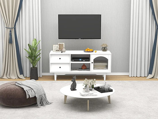 ALDO Tables > Accent Tables Modern Elegant White TV Stand Tables With Storage Compartments and Glass Door Cabinet