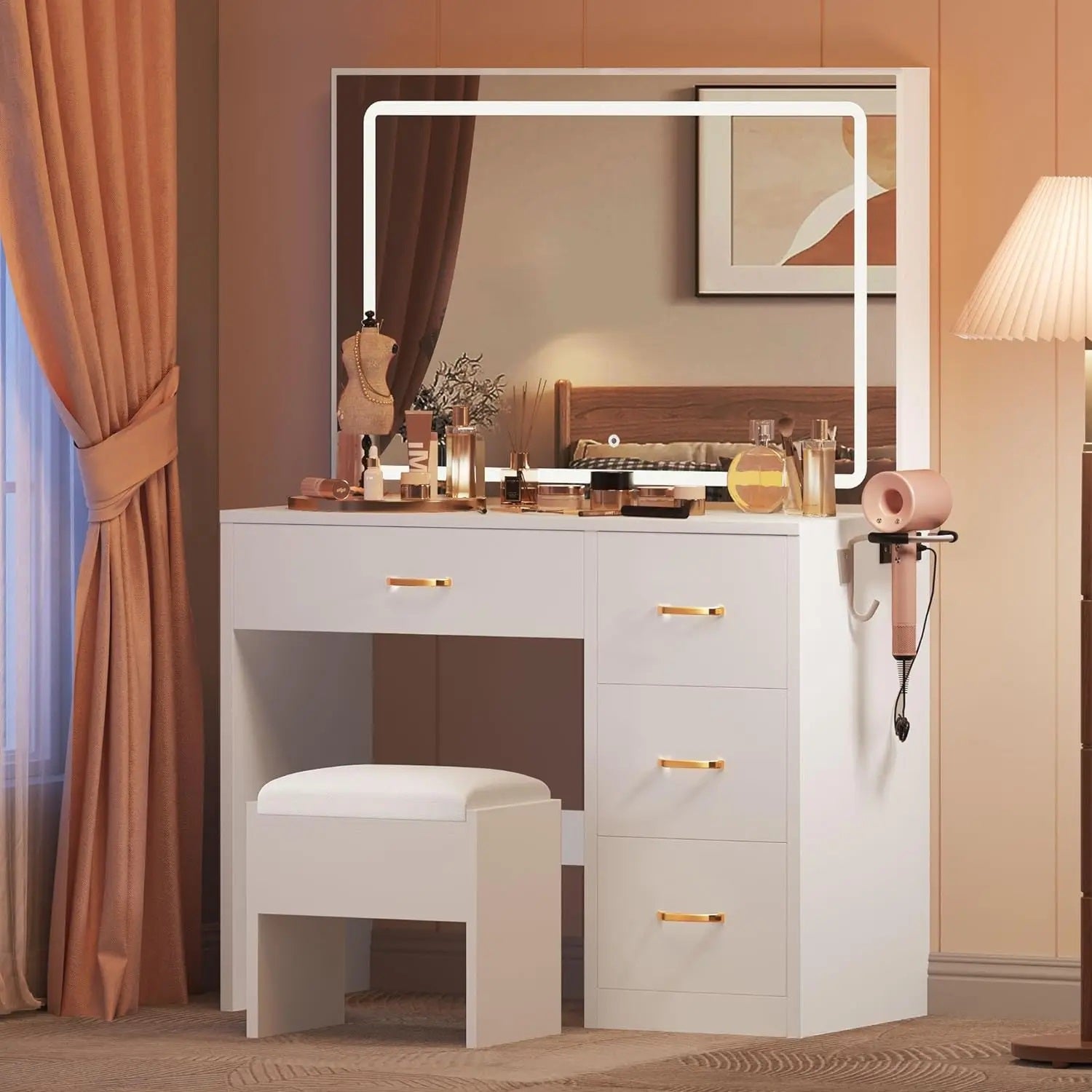 ALDO Tables > Accent Tables Modern White Makeup Vanity Desk with Large Lighted LED Mirror 11 Drawers and Magnifying Glass